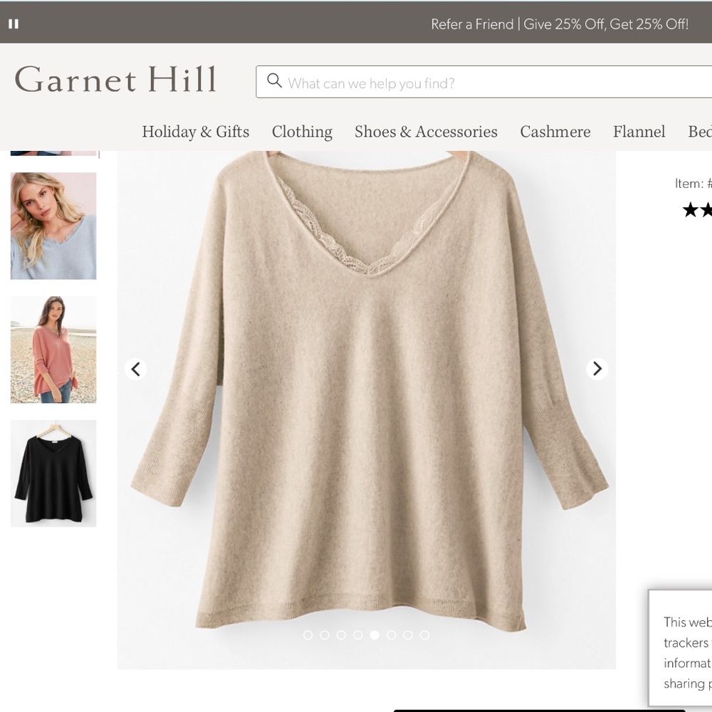 Garnet hill  cashmere v neck lace trim tunic